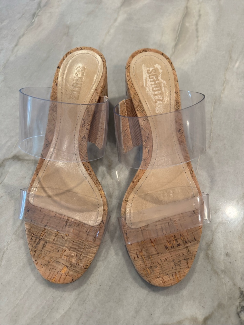SCHUTZ Victoria sandal Clear Strap Cork Slide block heel - Natural/Clear size 8